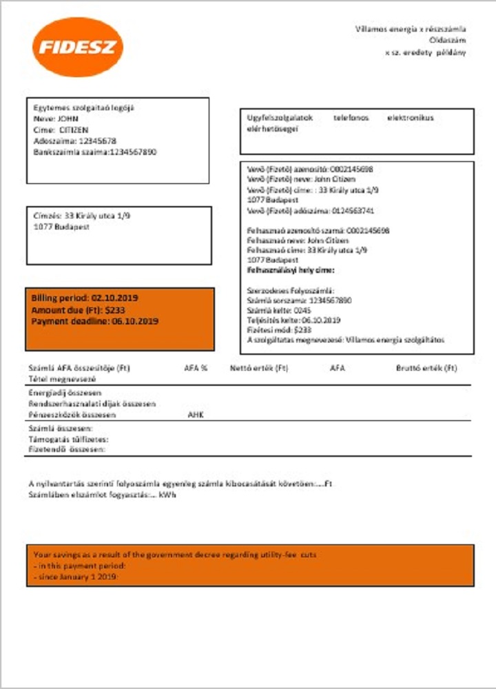 Hungary FIDESZ easy to fill utility bill